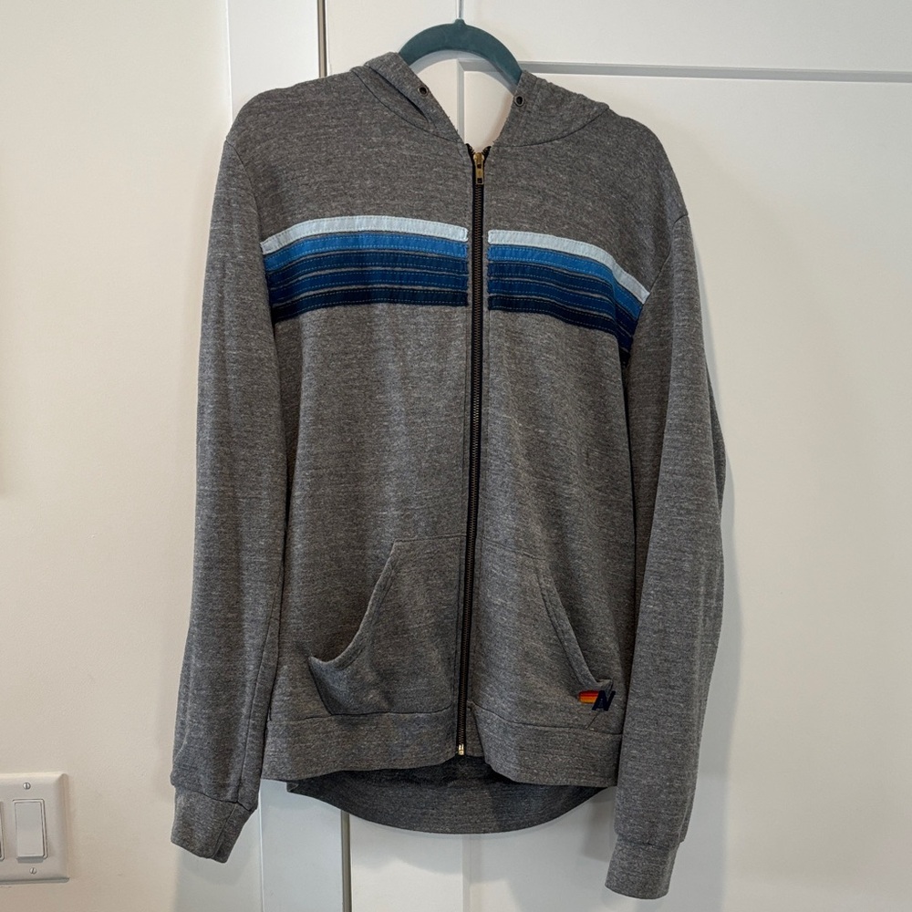 Aviator Nation Gray Zip-Up Sweater with Blue Stripes